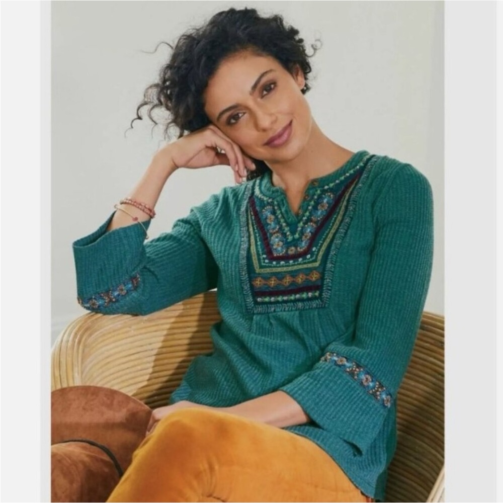 Soft Surroundings Gabriel Beaded Embroidered Thermal Top XS Green‎